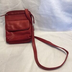 Fossil Red Leather Crossbody Bag Organizer Wallet Purse Small Zipped Messenger